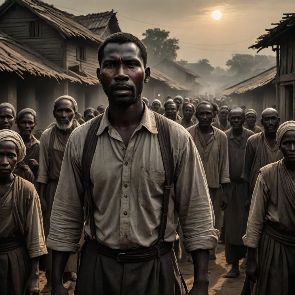 a man standing in front of a group of people in a village with a sun in the background and a sky with clouds, Derold Page, serial art, a detailed matte painting, award-winning photograph