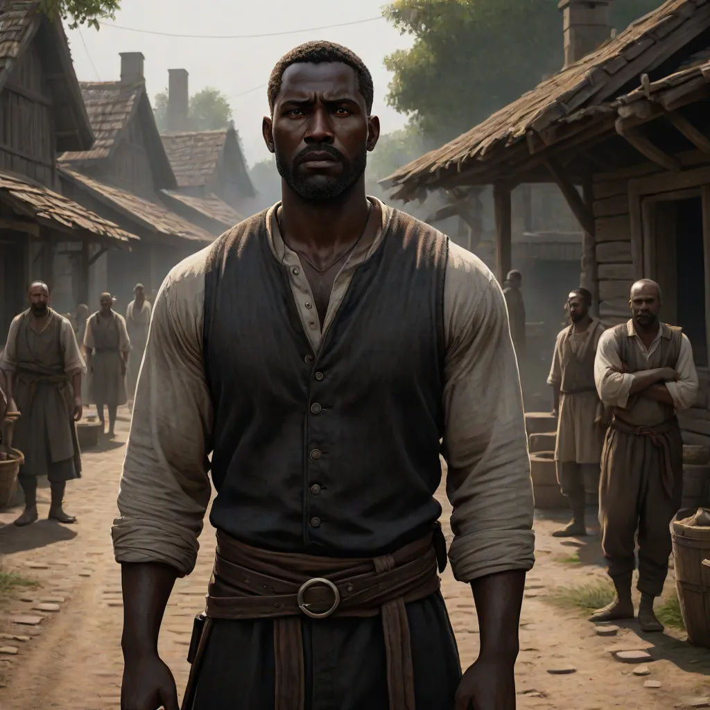 a man standing in a village with a lot of people around him and a lot of trees in the background, Cedric Seaut (Keos Masons), black arts movement, concept art, game art