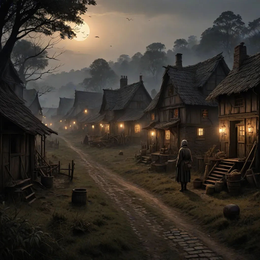 a man is walking down a path in a village at night with a full moon in the background and a full moon in the sky, Andreas Rocha, fantasy art, a detailed matte painting, cinematic matte painting