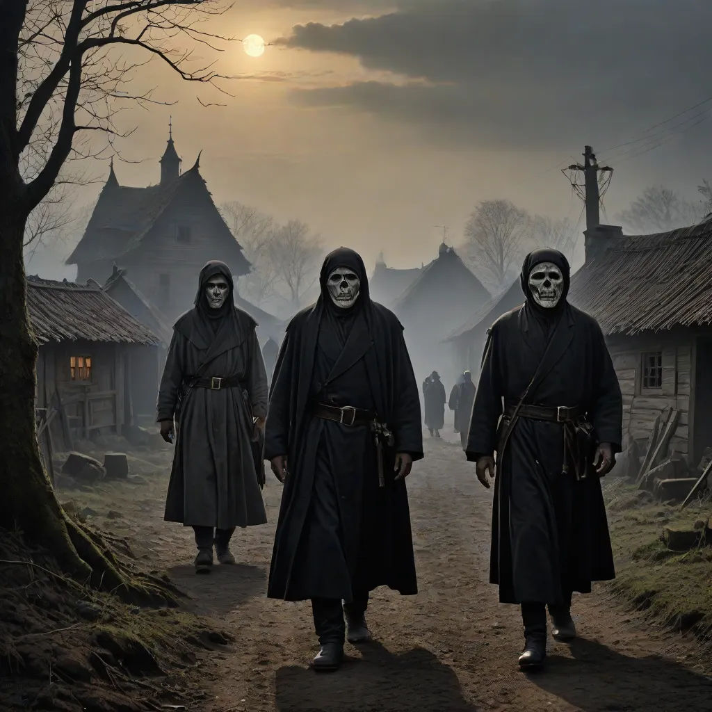 three people in black robes and masks walking down a dirt road in front of a village with a full moon, Dirk Crabeth, antipodeans, a detailed matte painting, promotional image