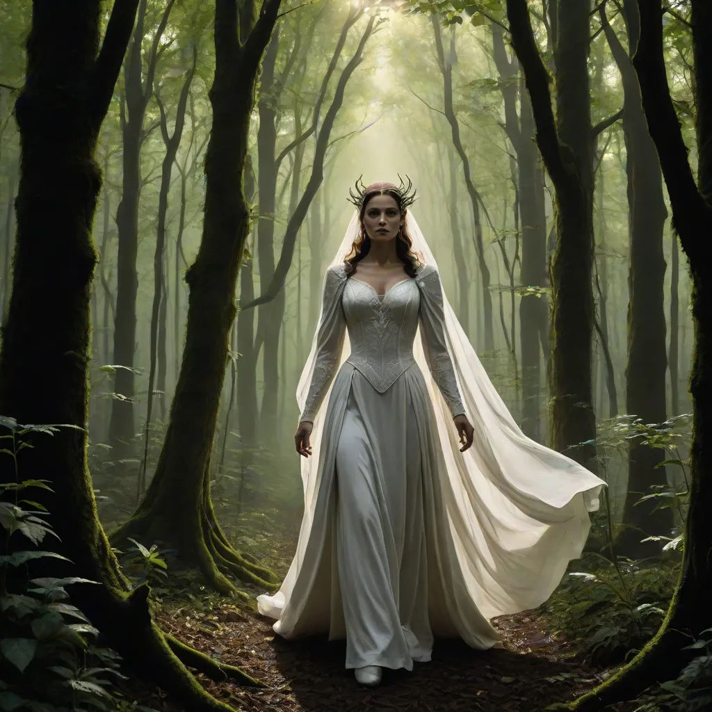 a woman in a white dress and a veil in a forest with trees and leaves on the ground and a light shining through the trees, Daphne McClure, fantasy art, a detailed matte painting, promotional image