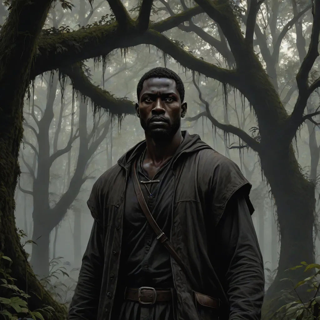 a man standing in a forest with trees in the background and fog in the air behind him, with a hood on, Derold Page, black arts movement, a detailed matte painting, oil on canvas. cinematic