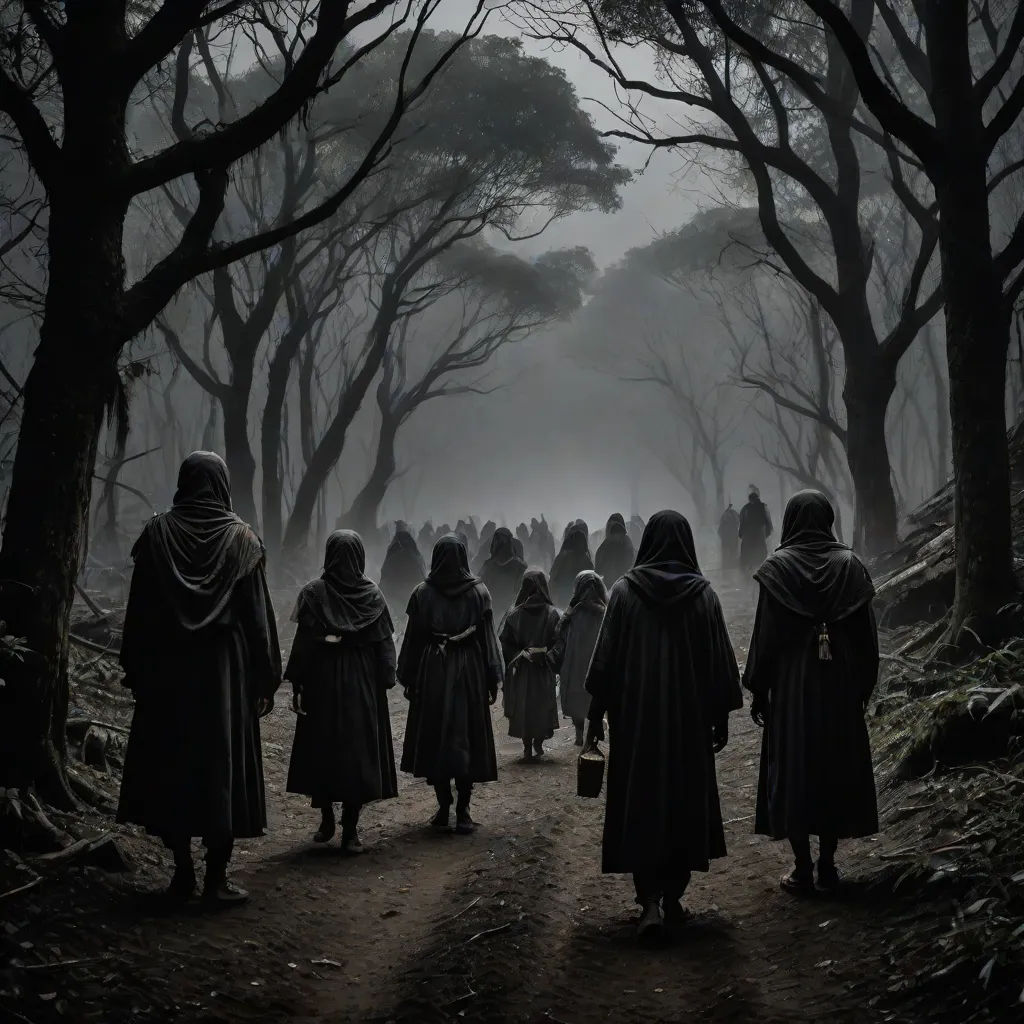 a group of people walking down a dirt road in a forest filled with trees and foggy skies, with a group of people in hooded clothing, Dirk Crabeth, antipodeans, a detailed matte painting, elden ring