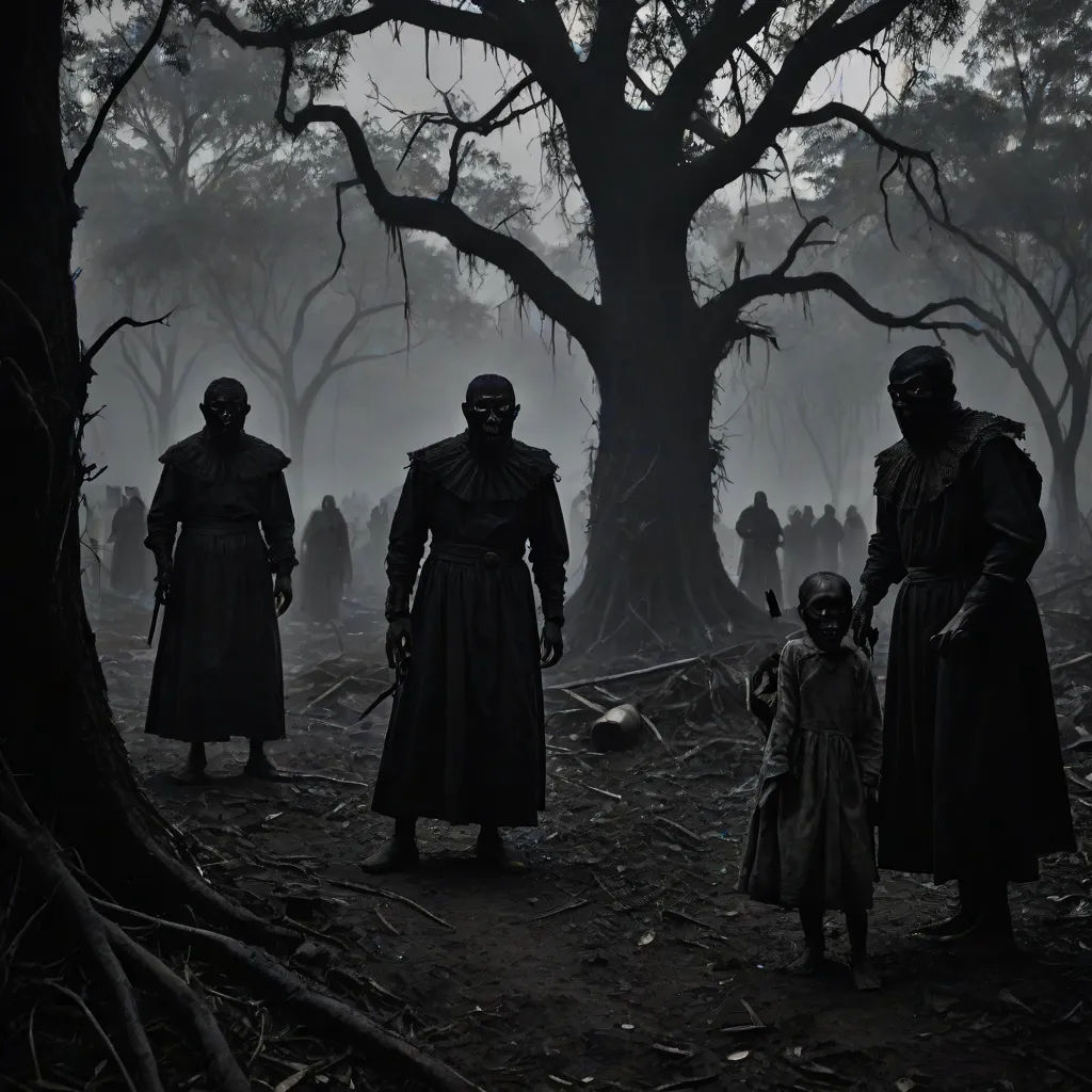 a group of people standing in a forest next to a tree with a lot of dead trees in the background, Dirk Crabeth, antipodeans, a matte painting, dark art