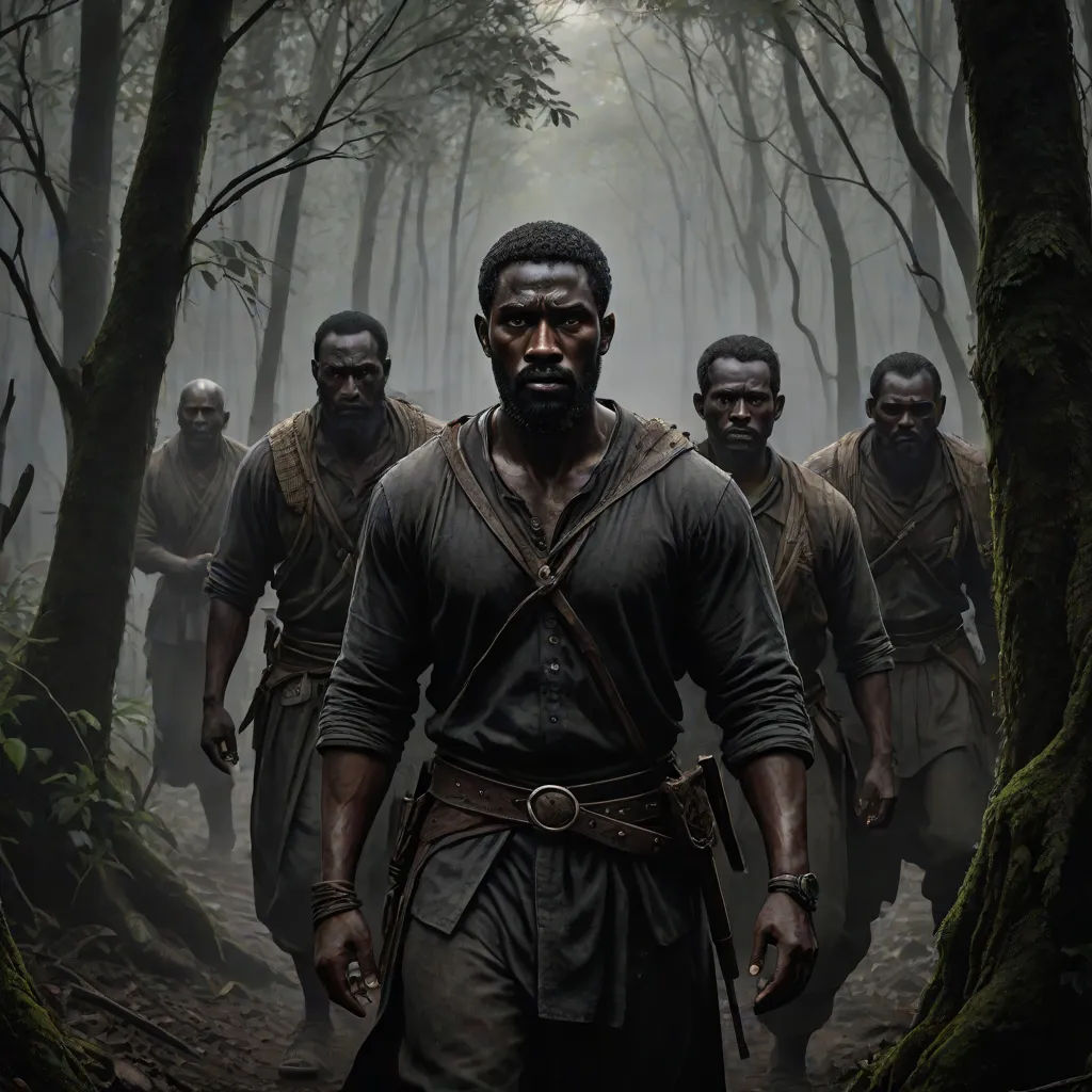 a man with a beard and a beard standing in the woods with other men in the background, all wearing black, Ben Enwonwu, black arts movement, a poster, promotional image
