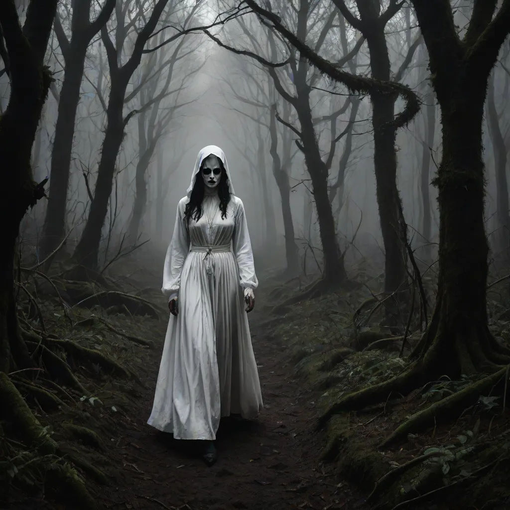 a woman in a white dress walking through a forest filled with trees and fogs in the background is a ghostly figure, Dirk Crabeth, gothic art, poster art, dark art