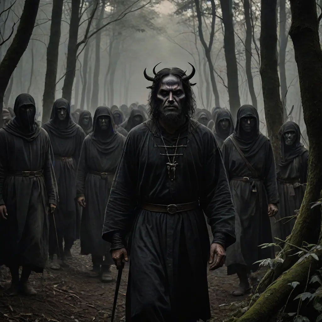 a group of people in black robes and horned horns walking through a forest with trees and bushes on either side of them, Dirk Crabeth, antipodeans, a detailed matte painting, dark art