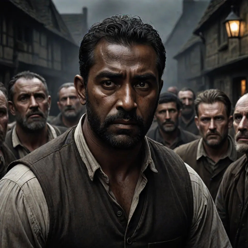 a group of men standing in a street next to each other in a village with a lantern on the roof, Derold Page, antipodeans, a character portrait, promotional image