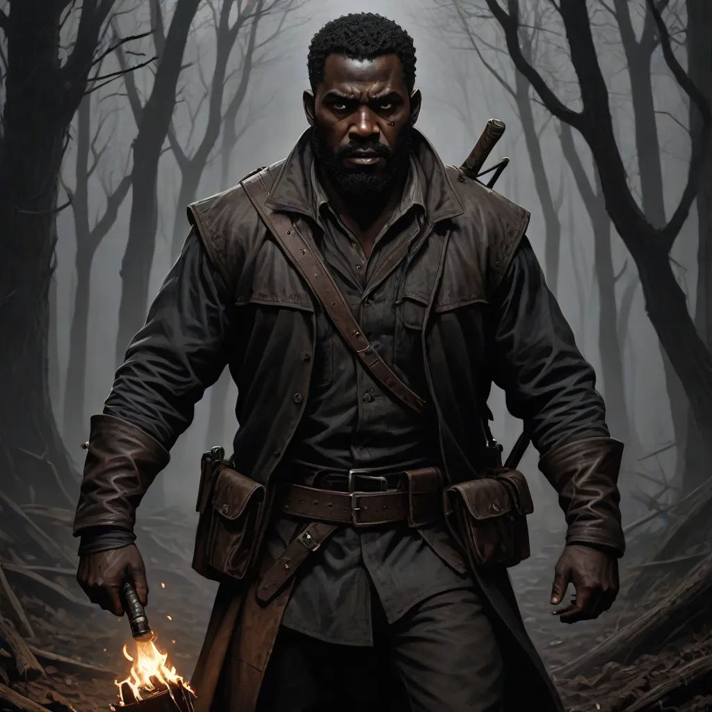 a man in a trench coat holding a sword in a forest with trees in the background and a fire in his hand, Cedric Seaut (Keos Masons), black arts movement, a character portrait, epic fantasy character art