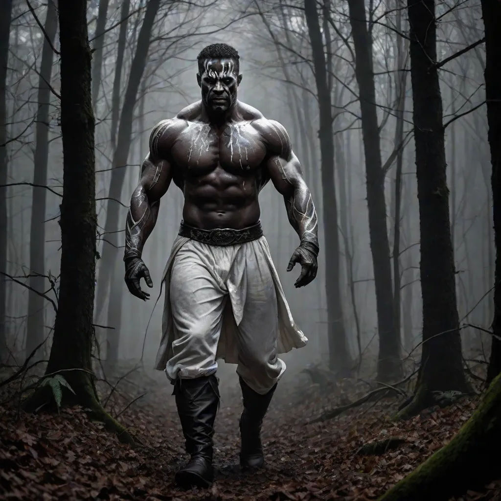 a man in a costume walking through a forest with trees and leaves on the ground, with a mask on his face, Cedric Seaut (Keos Masons), fantasy art, a detailed matte painting, epic fantasy character art