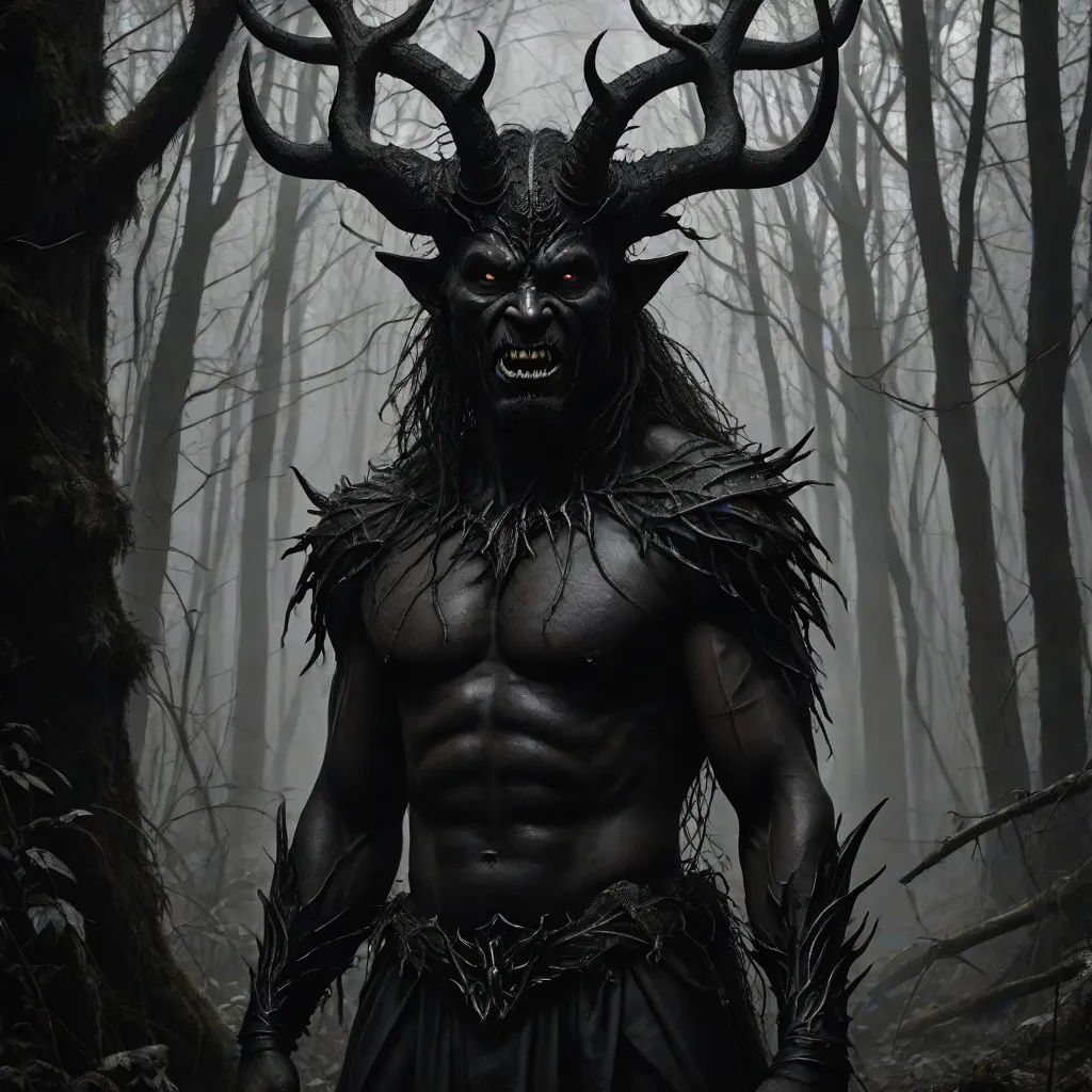 a man with horns and a horned face in a forest with trees and fogs behind him is a demon, Bastien L. Deharme, fantasy art, a digital painting, dark fantasy art