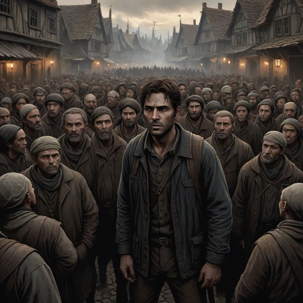 a man standing in front of a crowd of people in a village at night with a flashlight in his hand, Bastien Lecouffe-Deharme, fantastic realism, a detailed matte painting, dystopian art