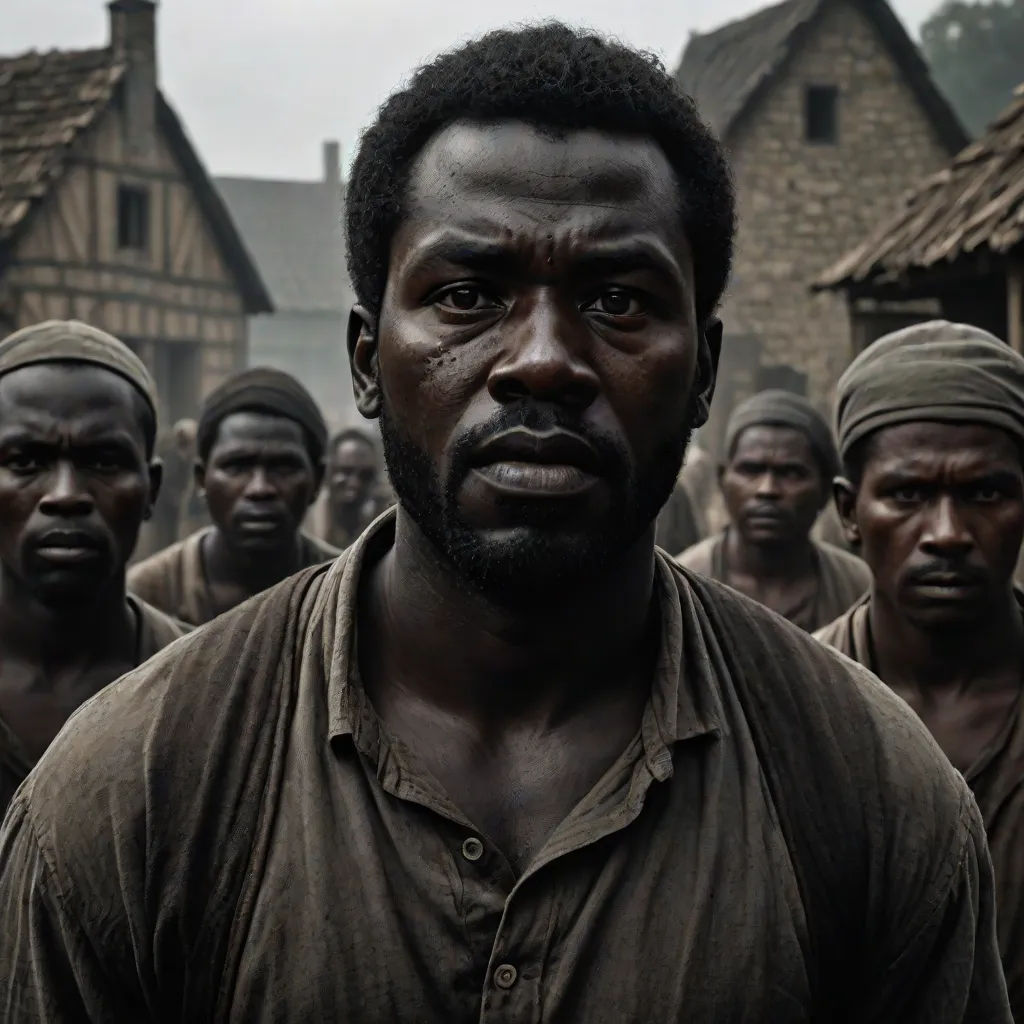 a man standing in front of a group of men in a village with a building in the background and a sky in the background, Clovis Trouille, black arts movement, a character portrait, promotional image
