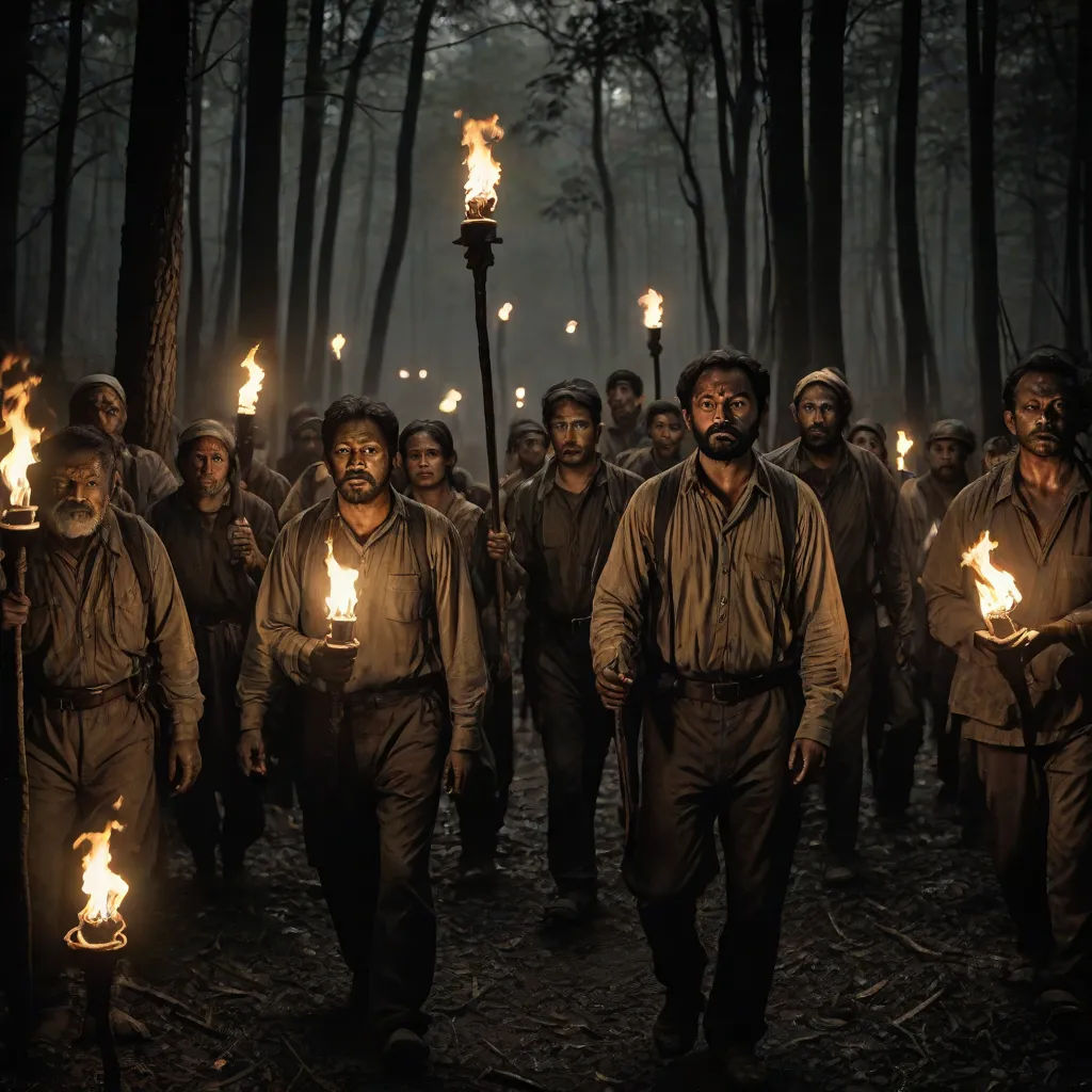 a group of men walking through a forest holding torches in their hands and wearing hats with fire on them, Diego Gisbert Llorens, primitivism, poster art, promotional image