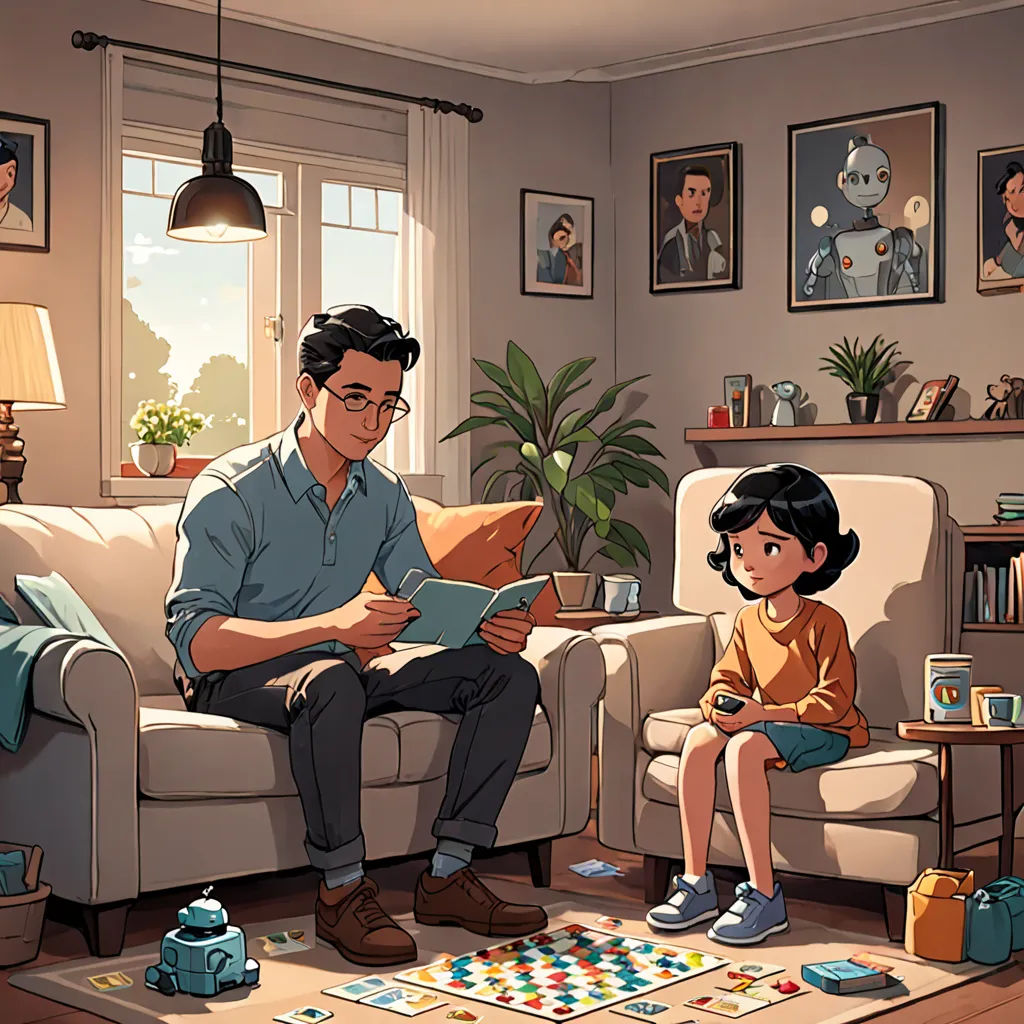 a man and a little girl sitting on a couch in a living room with a game on the floor, dada, a comic book panel, Aaron Jasinski, official art