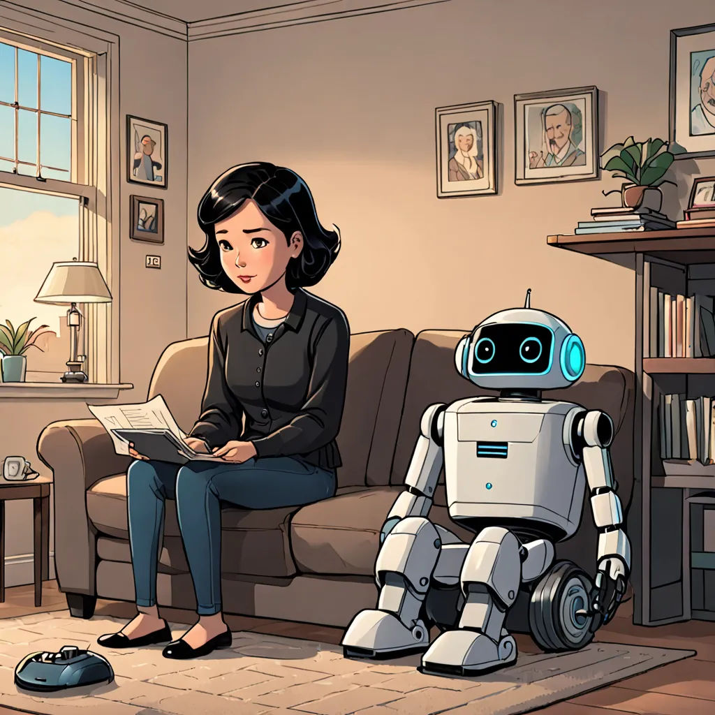 a woman sitting on a couch next to a robot holding a book in her lap and a mouse in her hand, les automatistes, a storybook illustration, Atey Ghailan, robots