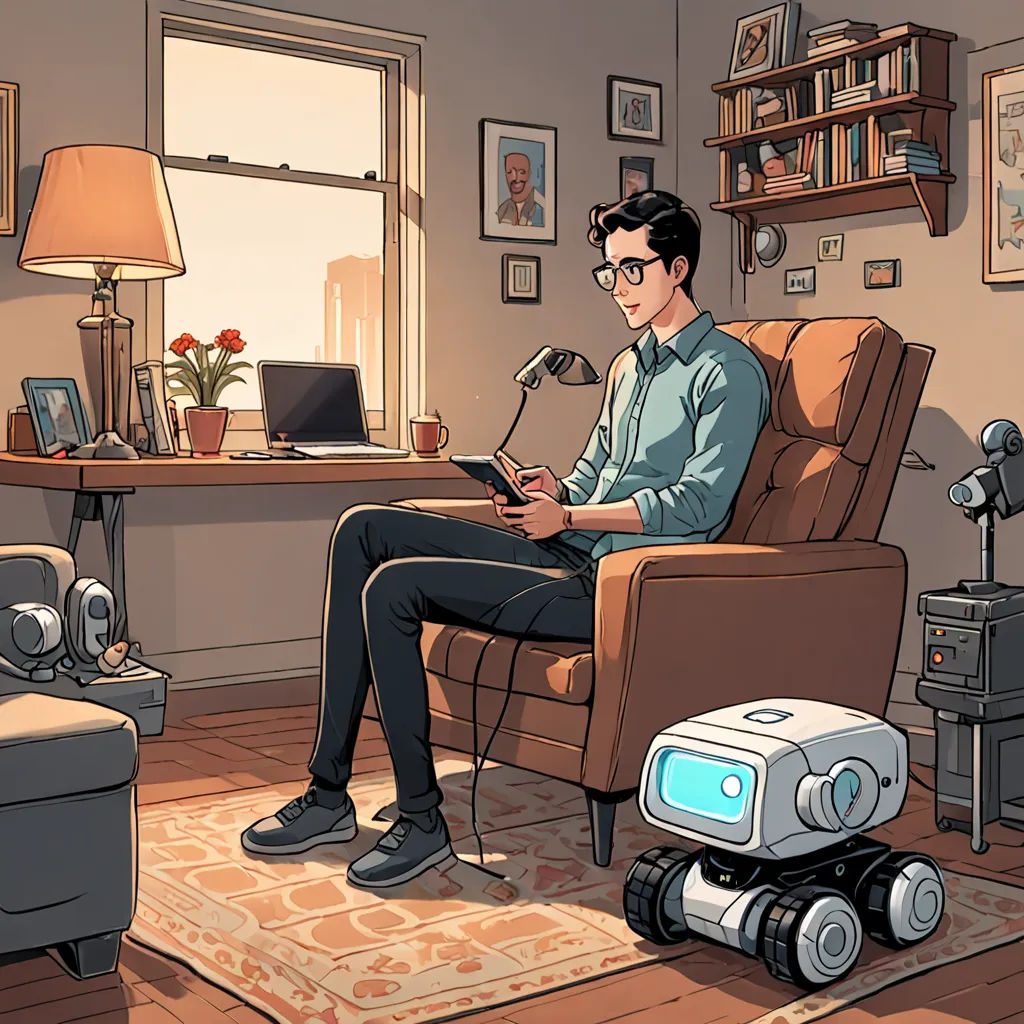 a man sitting in a chair with a robot next to him and a laptop on a table with a lamp, retrofuturism, a comic book panel, Atey Ghailan, rossdraws global illumination