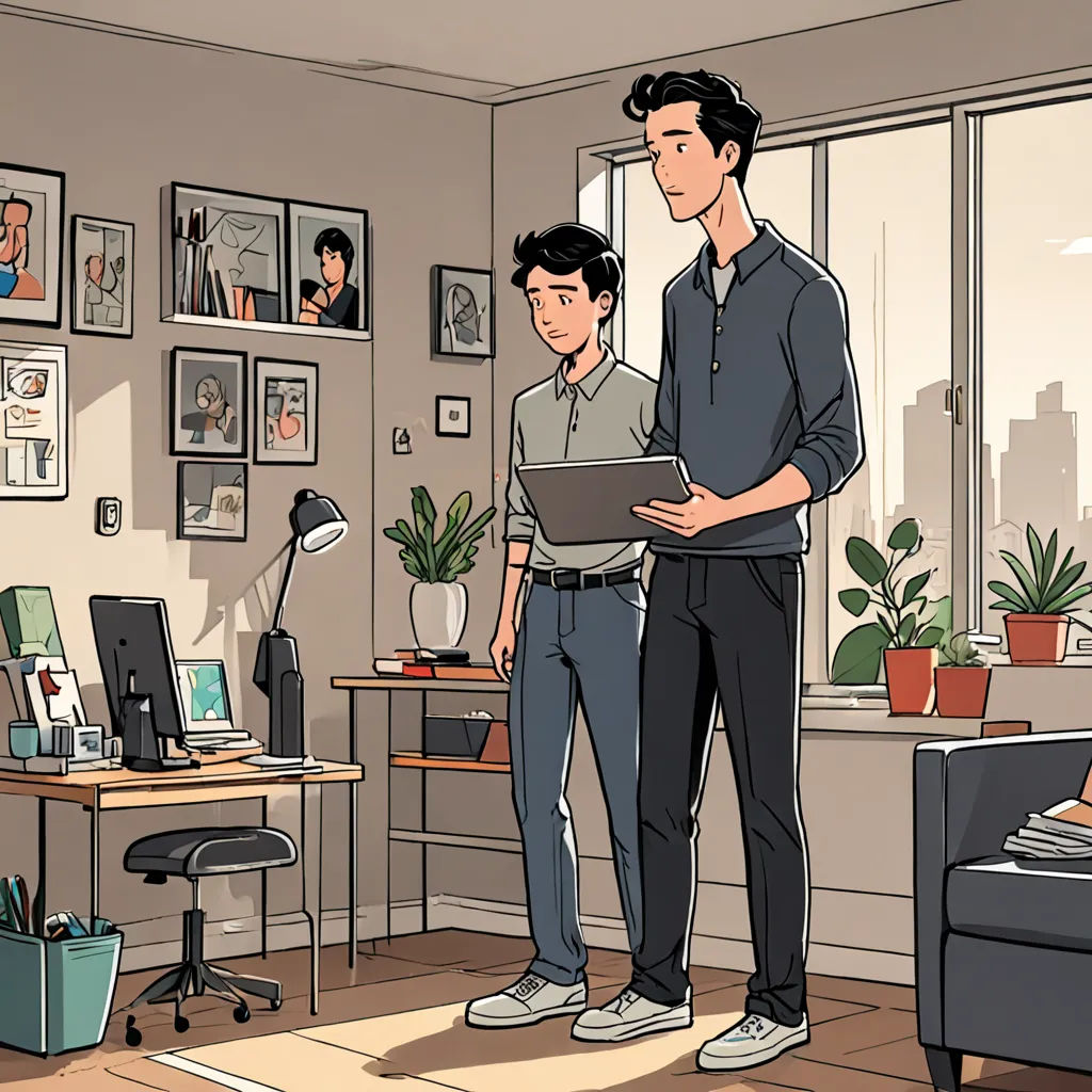 a man standing in a living room with another man holding a laptop computer in his lap top and another man standing in the living room, serial art, a comic book panel, Asaf Hanuka, graphic novel