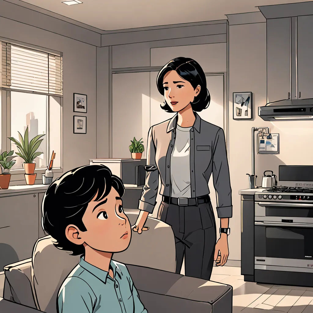 a woman standing next to a boy in a living room next to a stove top oven and a stove top oven, serial art, a comic book panel, Asaf Hanuka, graphic novel