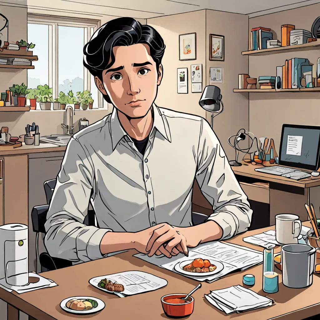 a man sitting at a desk with a plate of food in front of him and a computer on the desk, academic art, a comic book panel, Cedric Seaut (Keos Masons), graphic novel