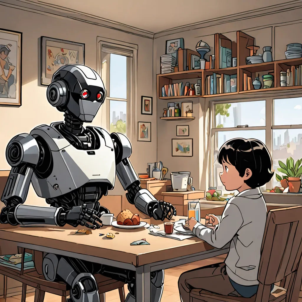 a little girl sitting at a table with a robot next to her eating food from a plate on a plate, les automatistes, a comic book panel, Cedric Peyravernay, official art