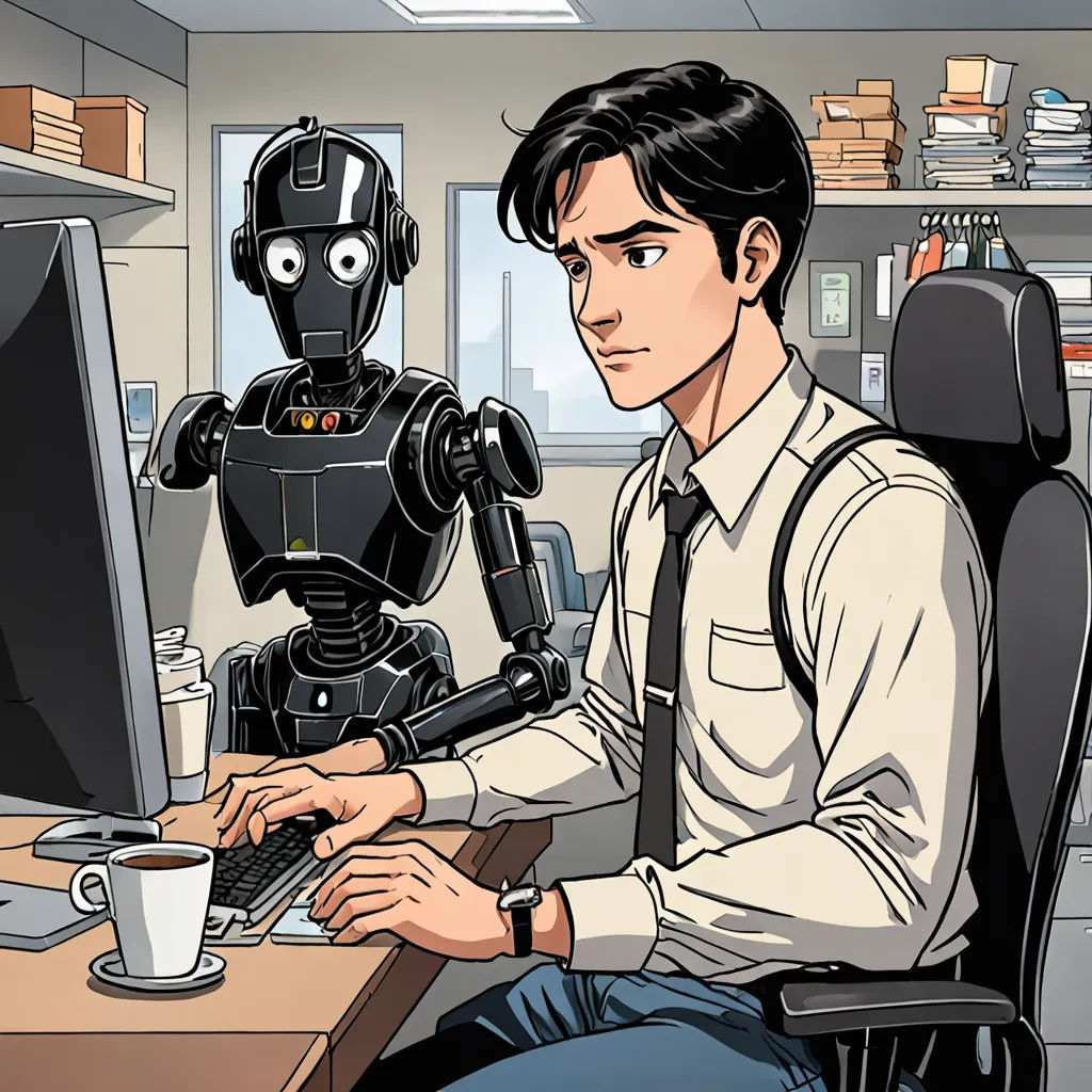 a man sitting at a desk with a computer and a robot on his lap next to him, with a cup of coffee, les automatistes, a comic book panel, Dean Roger, ex machina