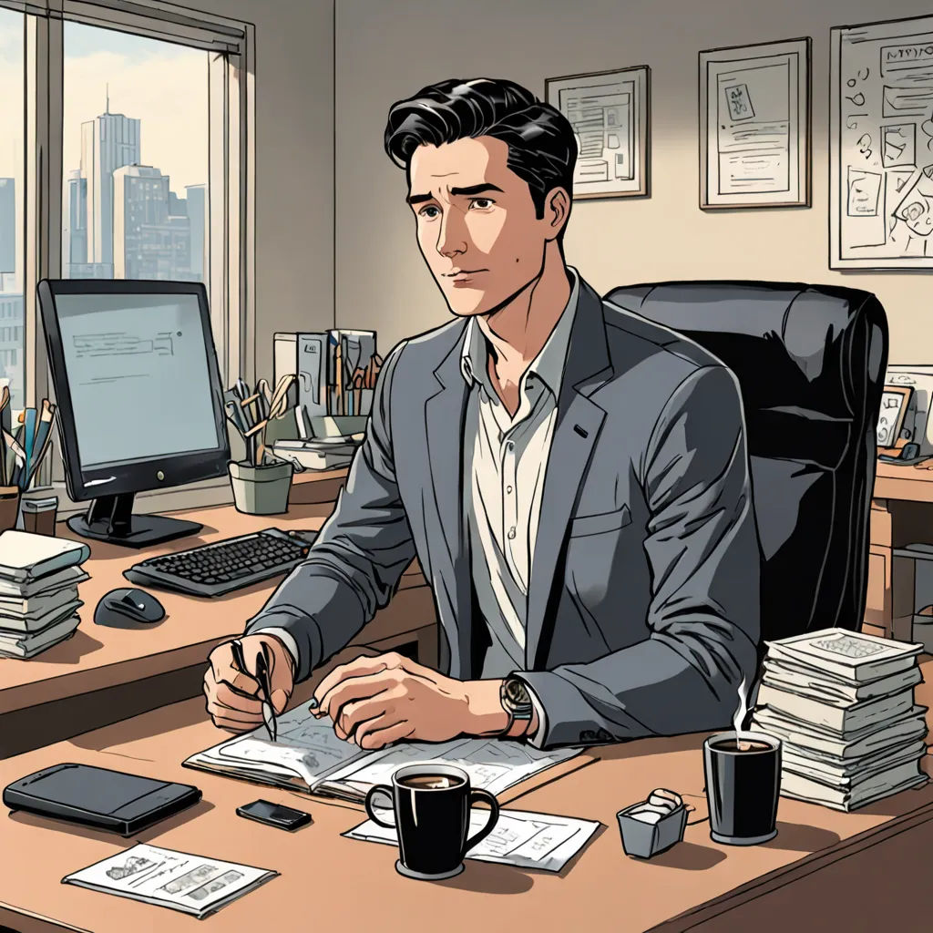a man sitting at a desk with a computer and a monitor on it, with a cup of coffee, private press, a comic book panel, Everett Warner, graphic novel
