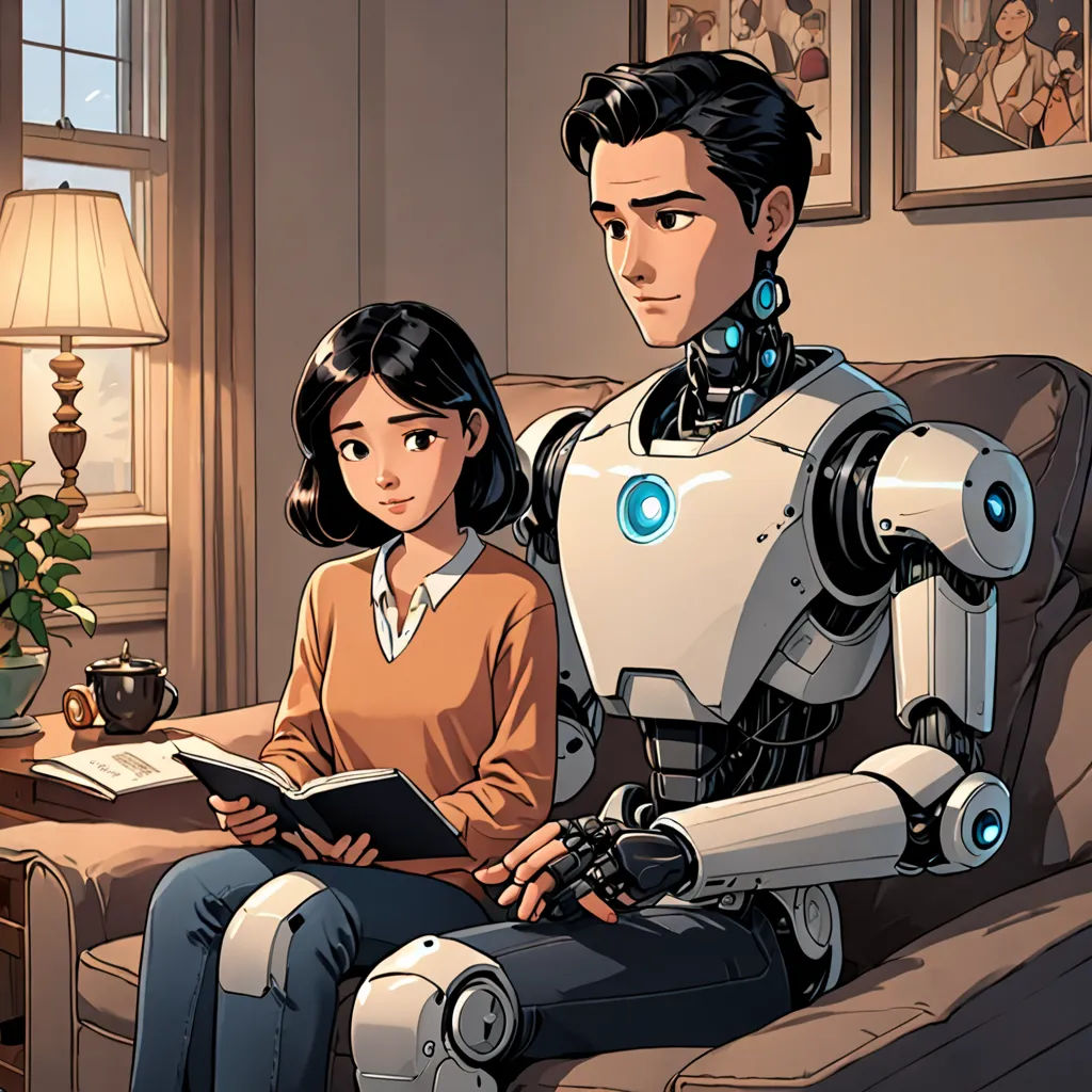 a man and a woman sitting on a couch in front of a robot reading a book together in a living room, private press, a comic book panel, Adam Manyoki, graphic novel