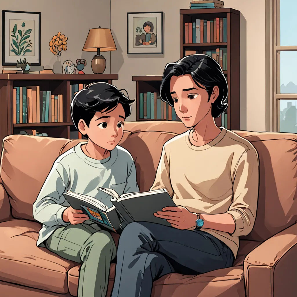 a woman and a boy sitting on a couch reading a book together in a living room with a bookcase, lyco art, a comic book panel, Brothers Hildebrandt, graphic novel