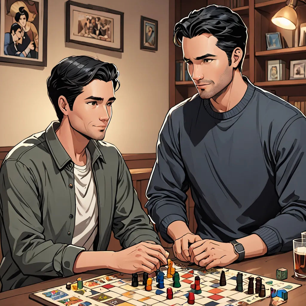 two men playing a game of checkers in a room with a bookcase and a beer glass on the table, sots art, a comic book panel, Brothers Hildebrandt, official art