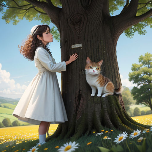 a little girl standing next to a tree with a cat on it's trunk and a cat on the ground
