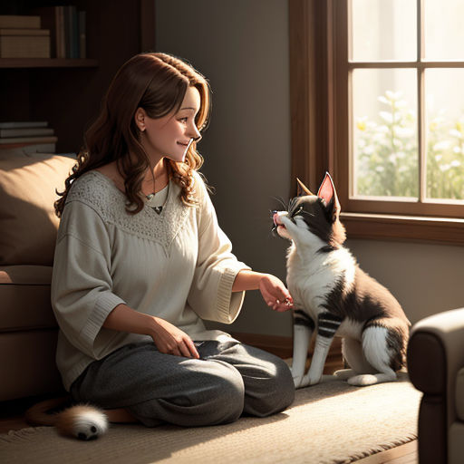 a woman sitting on a couch petting a dog on the floor next to a window with a cat on it