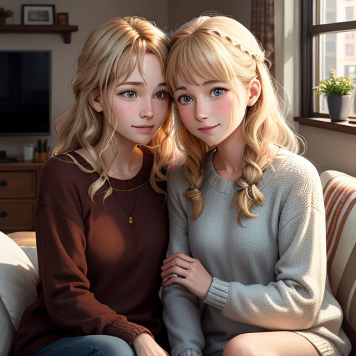 two young women sitting on a couch next to each other in front of a window with a tv in the background