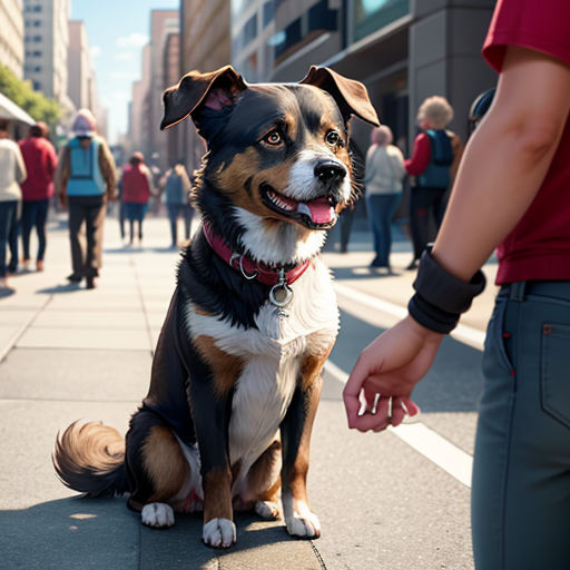 a dog sitting on the side of a road next to a person holding a hand with a dog on it