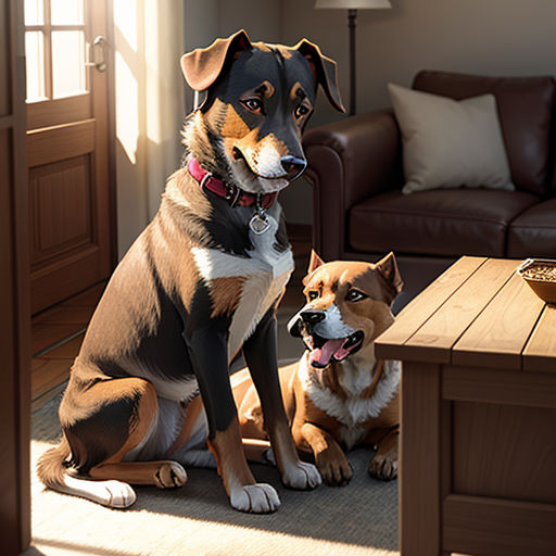 two dogs sitting on the floor in a living room with a couch and coffee table in the background,