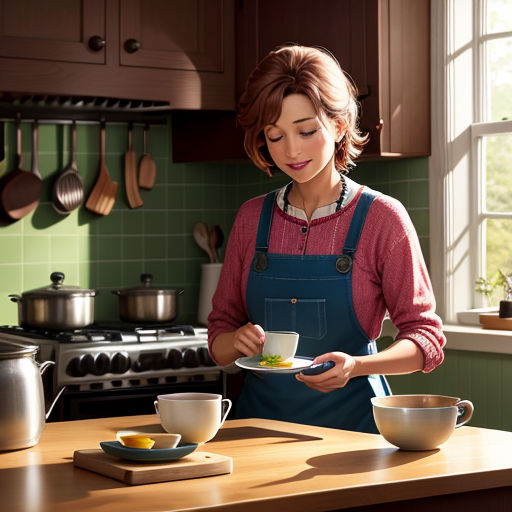 a woman in a kitchen preparing food on a plate and a bowl of food on a plate on a counter