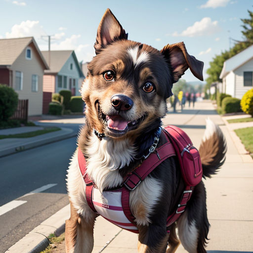 a dog standing on a sidewalk with a harness on it's back and a leash on its neck