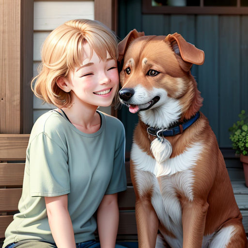 a boy and a dog sitting on a bench next to each other on a porch with a potted plant