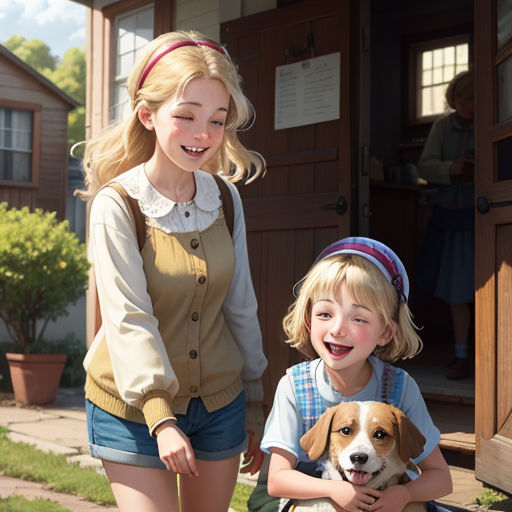 a woman and a child are standing outside a house with a dog in front of them and a dog in the front of the house