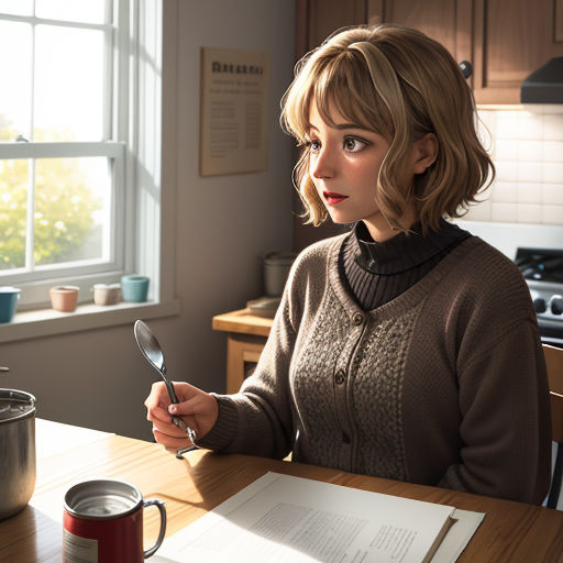 a woman sitting at a table with a spoon and a cup of coffee in front of her and a menu