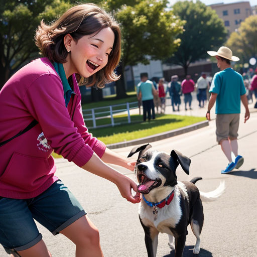 a woman is petting a dog on the street while others walk by in the background and a dog is on the ground