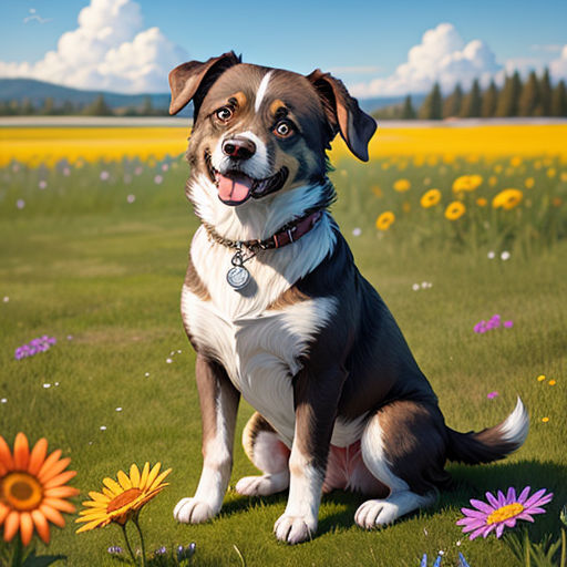 a dog sitting in a field of flowers with a sky background and clouds in the background, with a sunflower in the foreground
