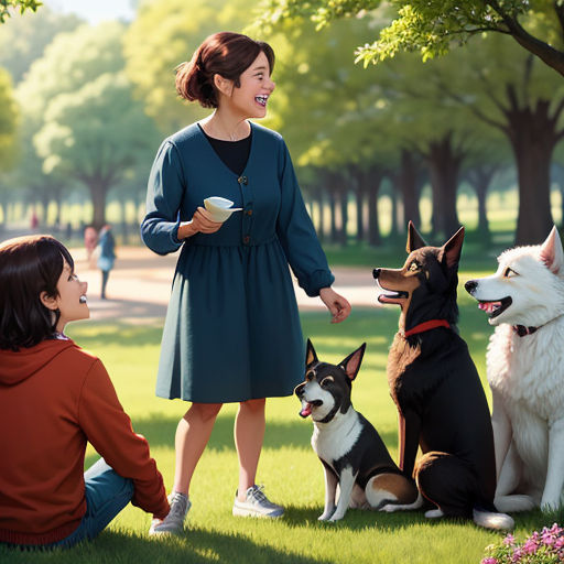 a woman in a blue dress is standing with two dogs and a woman is holding a bowl of food