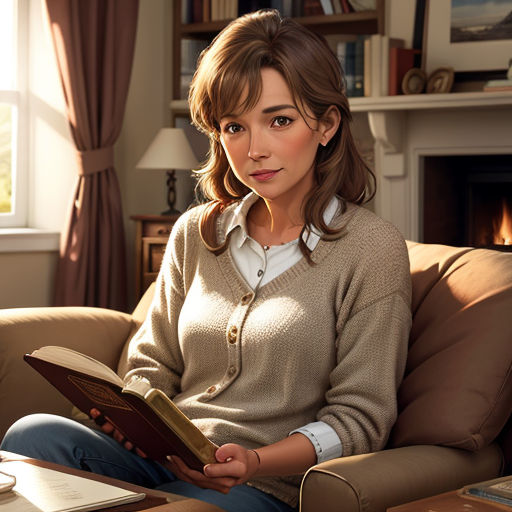 a woman sitting on a couch reading a book in a living room with a fireplace in the background and a book in her lap
