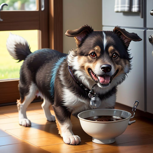 a dog standing next to a bowl of food on a kitchen floor next to a window with a dog looking out