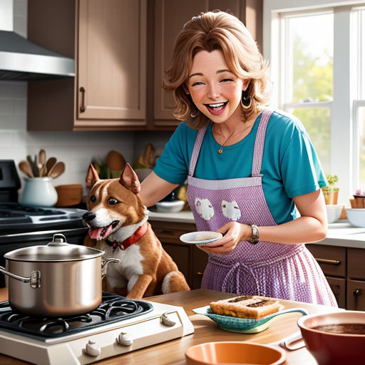 a woman in a kitchen with a dog and a pot of food on the counter top and a pan of food on the stove