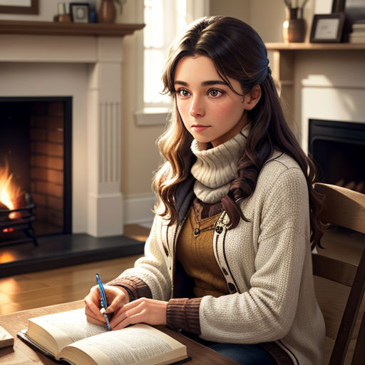 a woman sitting at a table with a book and pen in her hand and a fireplace in the background