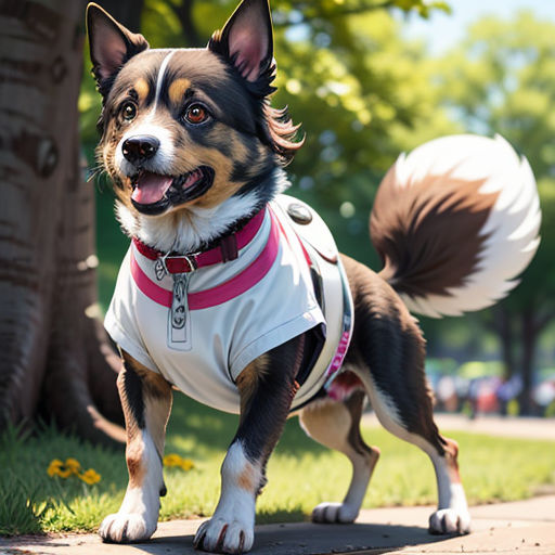 a dog wearing a white shirt standing on a sidewalk next to a tree and grass area with a pink collar