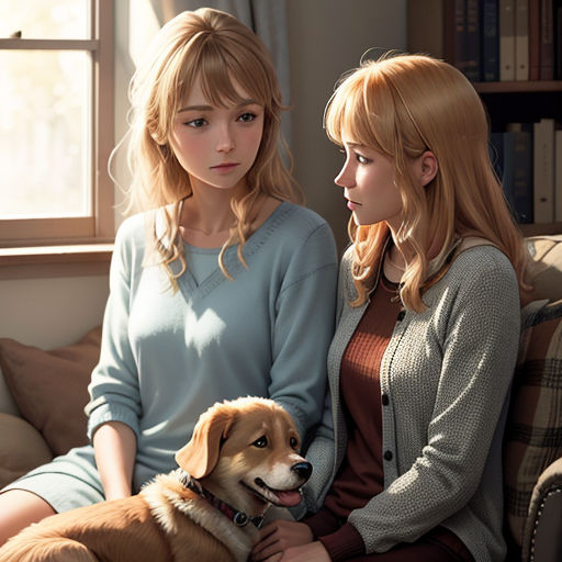 two women sitting on a couch with a dog in front of them, one of them is looking at the other