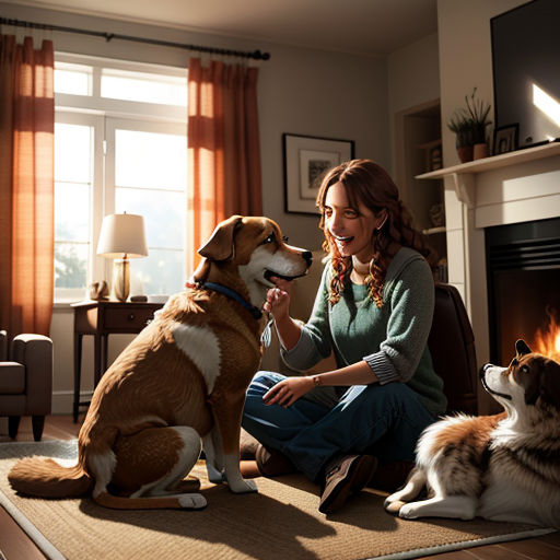 a woman sitting on a couch with two dogs in front of a fireplace with a television on top of it